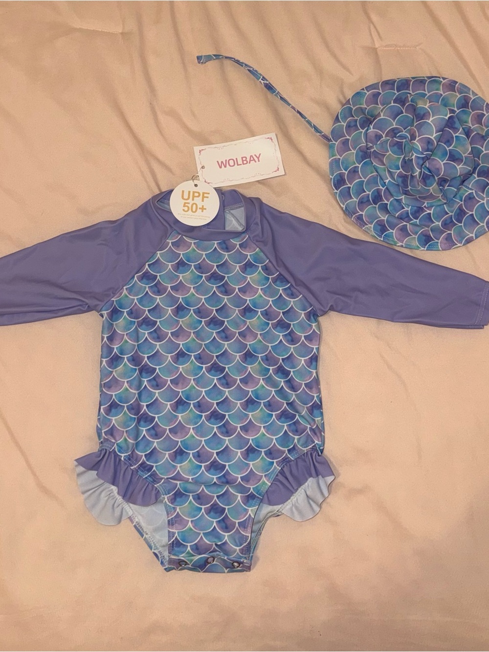 Girls' Purple Mermaid Print UPF 50+ Long Sleeve One-Piece Swimsuit with Hat